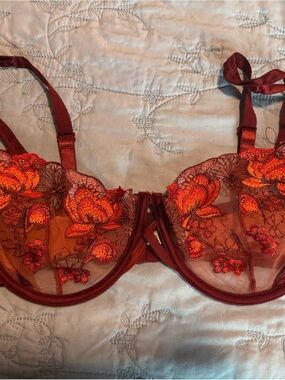 Adore Me Red and Orange Embroidered Sheer Underwire Bra